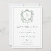 Sage Green Franse Rozen Monogram Crest Wedding Save The Date (Voorkant)