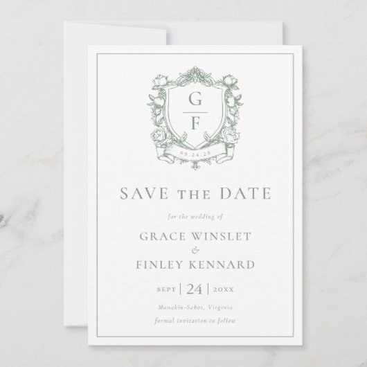 Sage Green Franse Rozen Monogram Crest Wedding Save The Date (Voorkant)