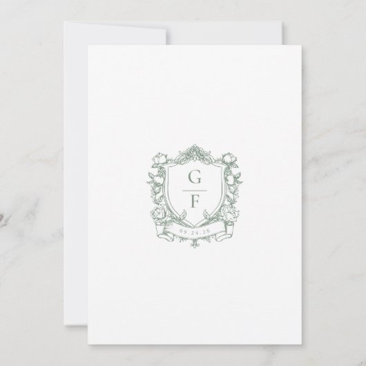 Sage Green Franse Rozen Monogram Crest Wedding Save The Date (Achterkant)