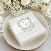 Sage Green Franse Rozen Monogram Crest Wedding Servet
