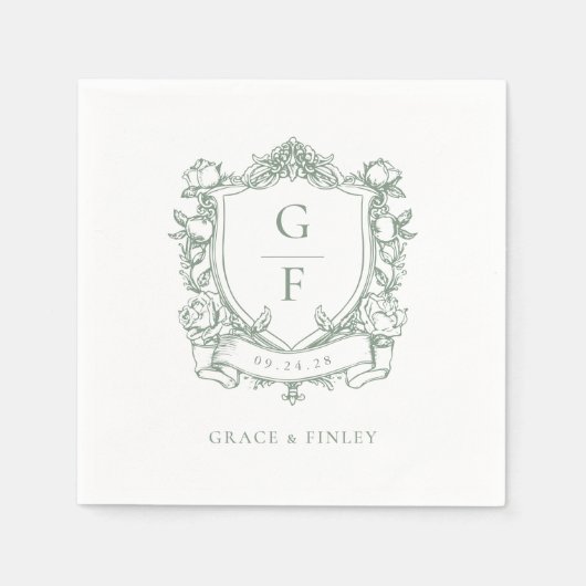 Sage Green Franse Rozen Monogram Crest Wedding Servet (Voorkant)