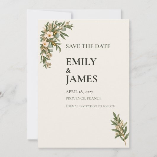 Sage Green French Botanical Wedding Save the Date (Voorkant)