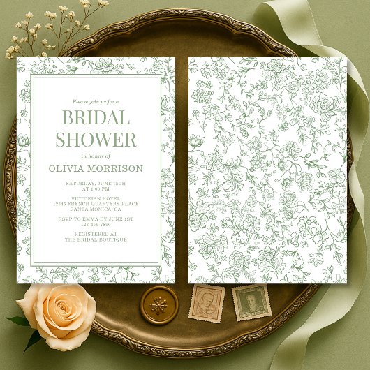 Sage Green French Chinoiserie Floral Bridal Shower Kaart
