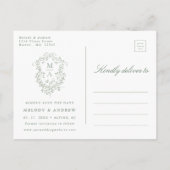 Sage Green French Floral Crest Foto Bewaar de datu Briefkaart (Achterkant)