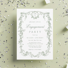 Sage Green French Floral Engagement Party Kaart