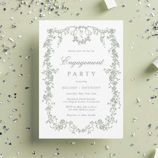 Sage Green French Floral Engagement Party Kaart