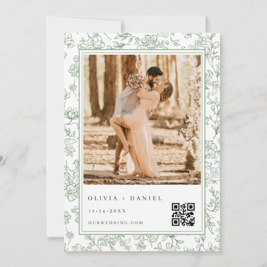 Sage Green French Floral Photo QR Code  Kaart (Achterkant)