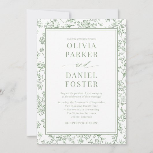 Sage Green French Floral QR Code Toile Kaart (Voorkant)