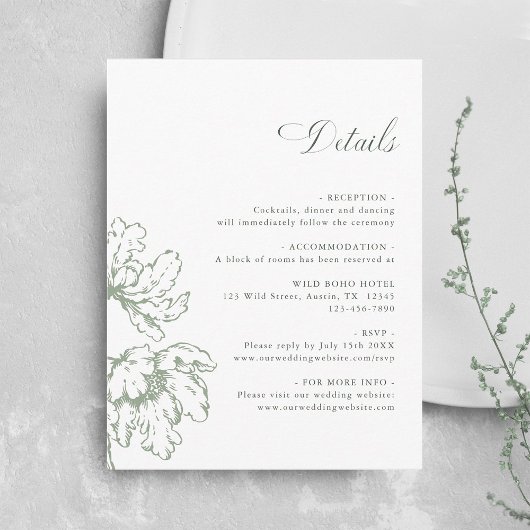 Sage Green French Floral Wedding Details  Informatiekaartje