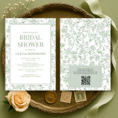 Sage Green French Toile QR Code Bridal Shower Kaart