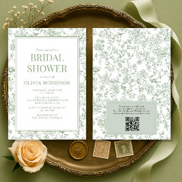 Sage Green French Toile QR Code Bridal Shower Kaart