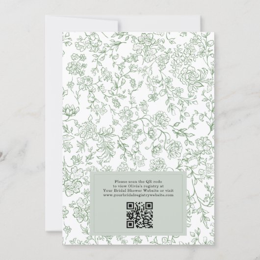 Sage Green French Toile QR Code Bridal Shower Kaart (Achterkant)