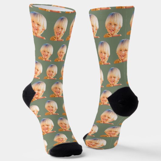 Sage Green Funny Custom Son Face Fotobemanning Sokken (Gebogen)