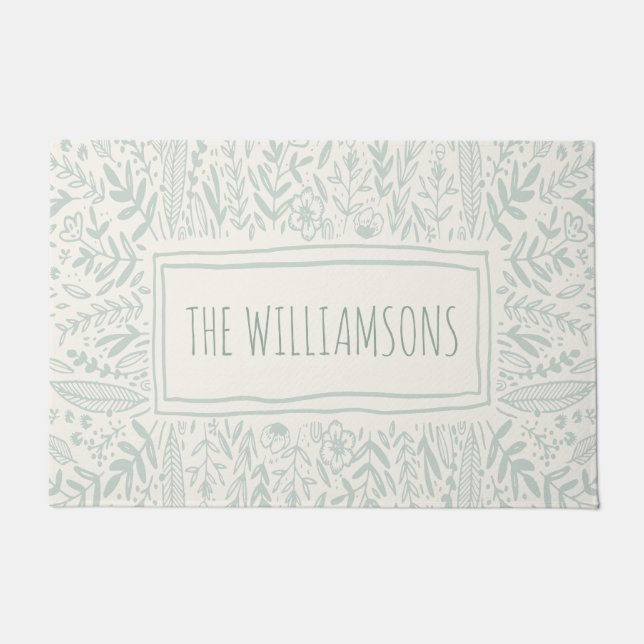 Sage Green Garden Floral Art Border Name Deurmat (Voorkant)