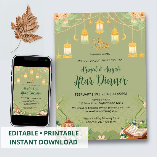 Sage Green Garden Floral Ramadan Iftar Invitation Kaart