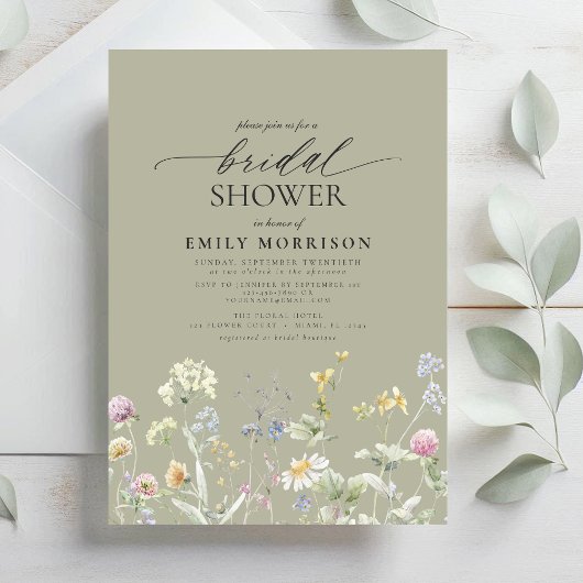 Sage Green Garden Flowers Script Bridal Shower Kaart