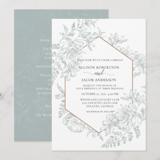 Sage Green Geometric Floral in één bruiloft Kaart (Voorkant / Achterkant)