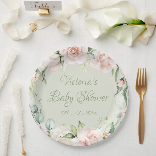 Sage Green gepersonaliseerd bloemig Baby shower Papieren Bordje (Huwelijk)