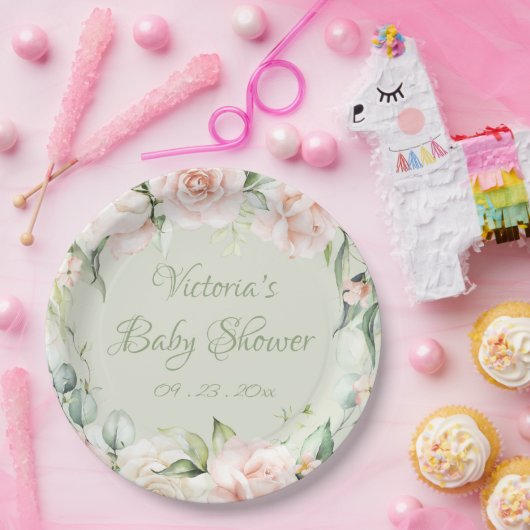 Sage Green gepersonaliseerd bloemig Baby shower Papieren Bordje (Feest)