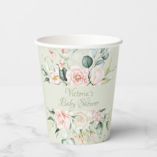 Sage Green Gepersonaliseerd Modern Floral Baby sho Papieren Bekers (Achterkant)