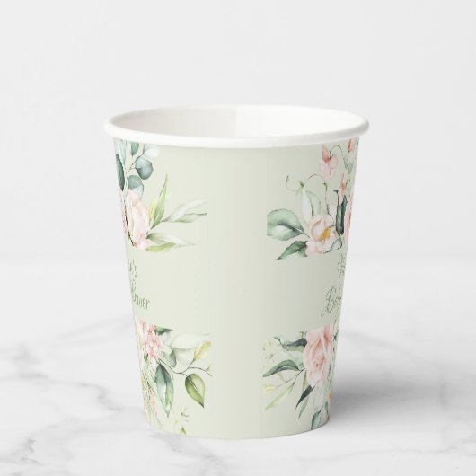 Sage Green Gepersonaliseerd Modern Floral Baby sho Papieren Bekers (Links)