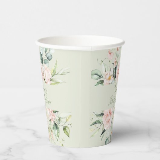 Sage Green Gepersonaliseerd Modern Floral Baby sho Papieren Bekers (Rechts)