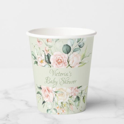 Sage Green Gepersonaliseerd Modern Floral Baby sho Papieren Bekers (Voorkant)