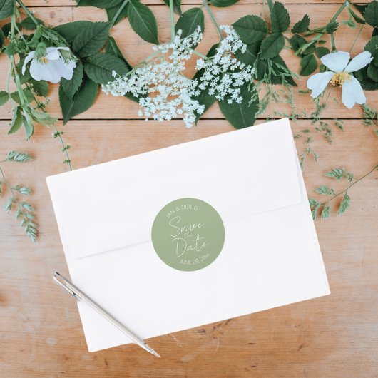 Sage Green gestileerde bruiloft Bewaar de datum Ronde Sticker