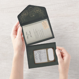 Sage Green Gilded Rozen Book Wedding Invitation All In One Uitnodiging