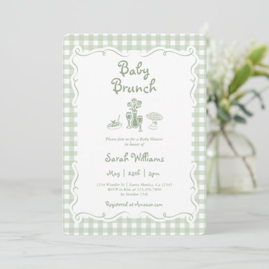Sage Green Gingham Baby Brunch Baby shower Kaart (Staand voorkant)