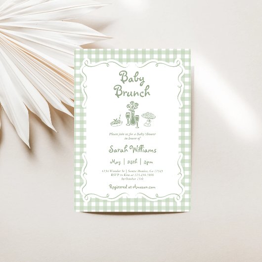 Sage Green Gingham Baby Brunch Baby shower Kaart