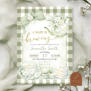 Sage Green Gingham Baby is Brewing Baby Shower Kaart
