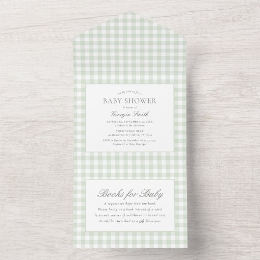 Sage Green Gingham-Baby shower All In One Uitnodiging (Binnen)