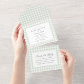 Sage Green Gingham-Baby shower All In One Uitnodiging (Afscheurbaar)