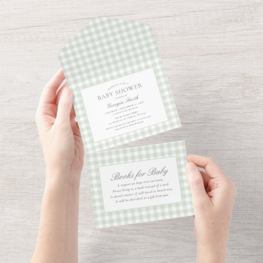 Sage Green Gingham-Baby shower All In One Uitnodiging (Afscheurbaar)