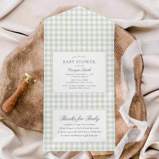 Sage Green Gingham-Baby shower All In One Uitnodiging