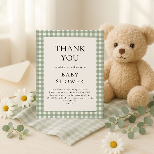 Sage Green Gingham Baby shower Bedankt Card Kaart