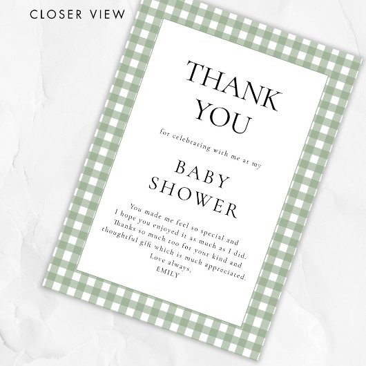 Sage Green Gingham Baby shower Bedankt Card Kaart