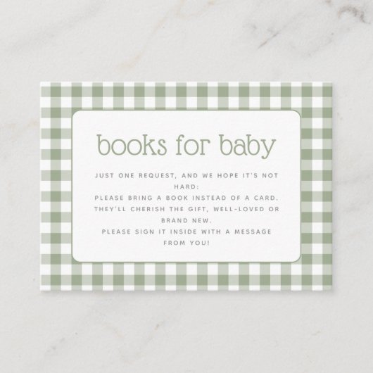 Sage Green Gingham Baby shower Boek Verzoek Informatiekaartje (Voorkant)