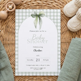 Sage Green Gingham Baby Shower Invitation Kaart