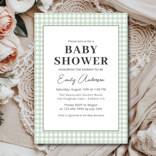 Sage Green Gingham-Baby shower Kaart