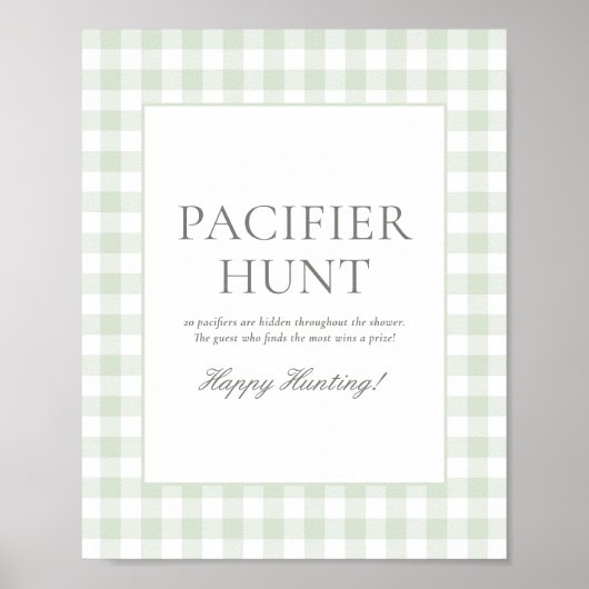Sage Green Gingham Baby shower Pacifier Hunt Sign Poster (Voorkant)