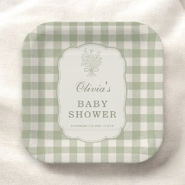 Sage Green Gingham Baby Shower Party Papieren Bordje