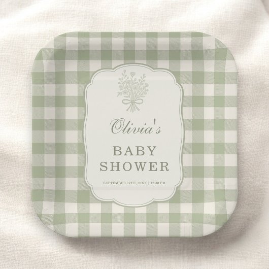 Sage Green Gingham Baby Shower Party Papieren Bordje