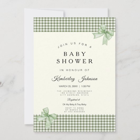 Sage Green Gingham Baby shower Uitnodiging & Bogen (Voorkant)