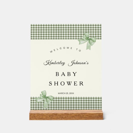 Sage Green Gingham Baby shower Uitnodiging & Bogen Acryl Bord (Voorkant)