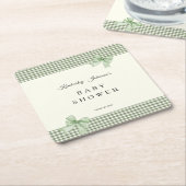 Sage Green Gingham Baby shower Uitnodiging & Bogen Kartonnen Onderzetters (Schuin)