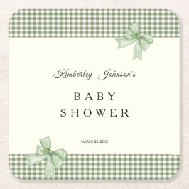 Sage Green Gingham Baby shower Uitnodiging & Bogen Kartonnen Onderzetters