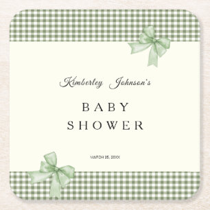 Sage Green Gingham Baby shower Uitnodiging & Bogen Kartonnen Onderzetters