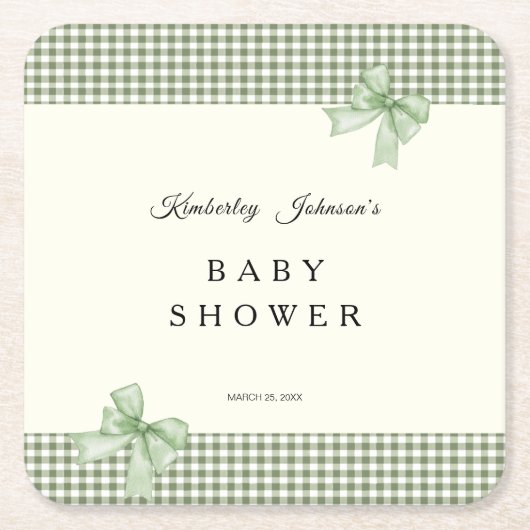 Sage Green Gingham Baby shower Uitnodiging & Bogen Kartonnen Onderzetters (Voorkant)